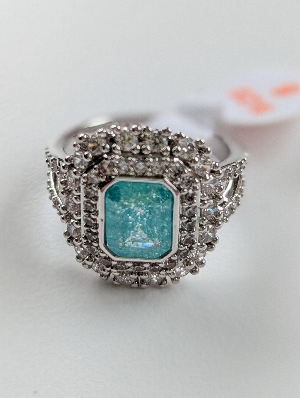 Bomb Party Aqua Blue Ice Cocktail Ring - Sparkling Silver-Tone Size 6 NWT